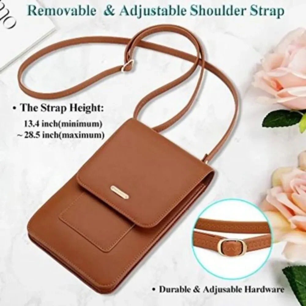 Women's Vegan Leather Carmel Brown Cell Phone Crossbody Bag With RIFD Protection - Picture 5 of 6